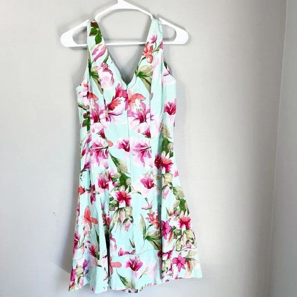 Chaps Womens Blue Pink A Line Dress 10 Floral V-Neck Sleeveless Tropical Easter - Picture 3 of 7